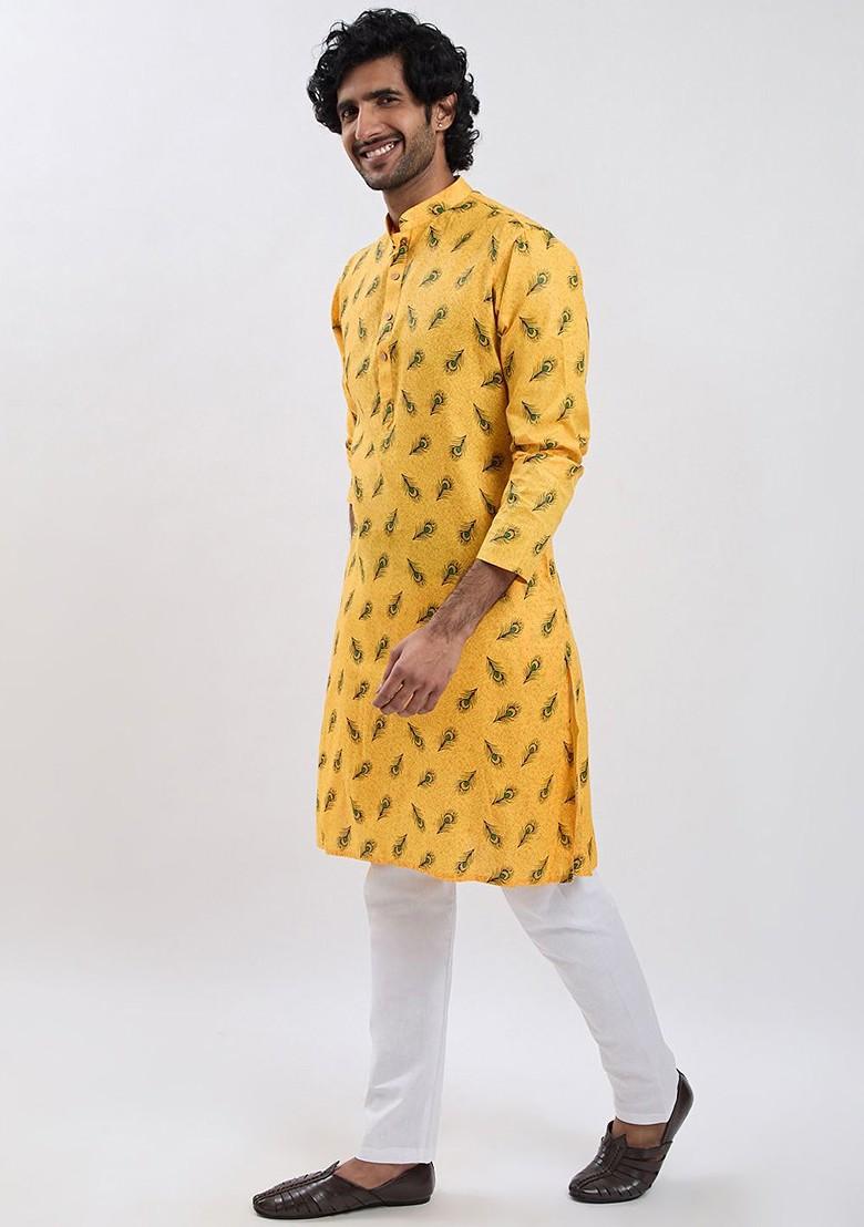 Yellow Floral Print Poly Blend Kurta Set For Men