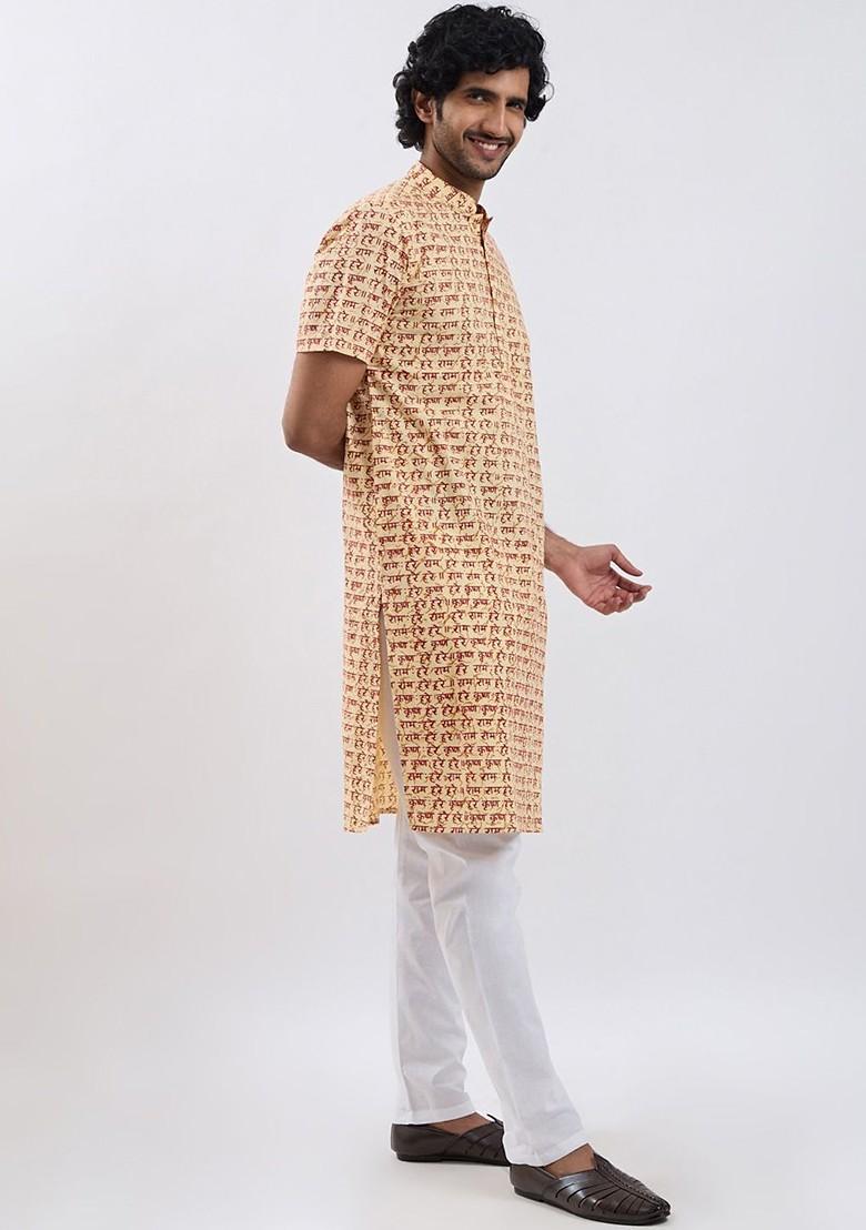 Gold Printed Cotton Kurta Set For Men