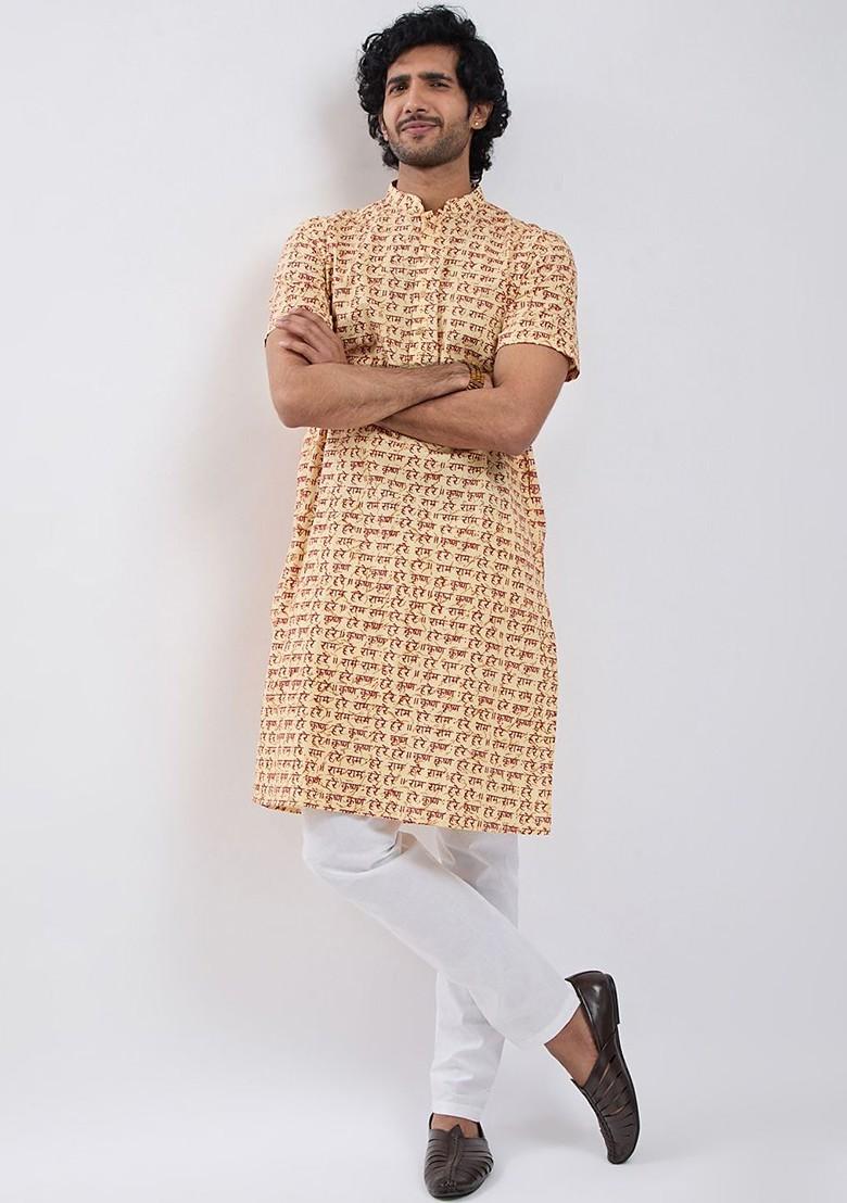 Gold Printed Cotton Kurta Set For Men
