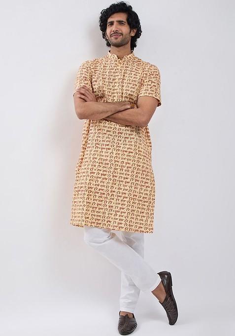 Gold Printed Cotton Kurta Set For Men