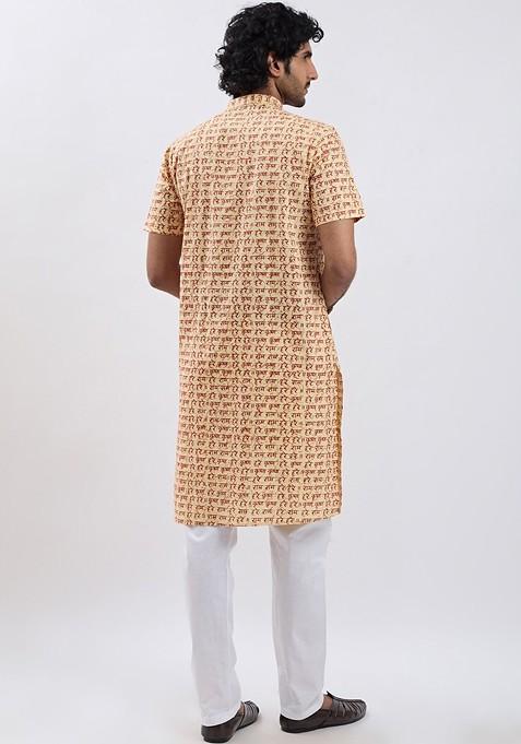 Gold Printed Cotton Kurta Set For Men