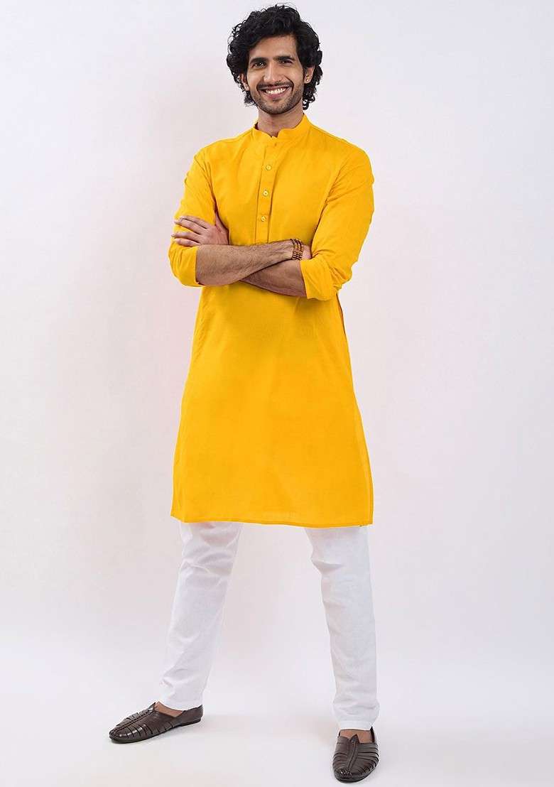 Yellow Solid Cotton Kurta Set For Men - Indya