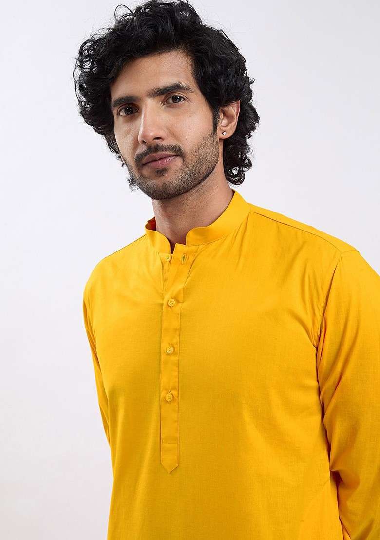Yellow Solid Cotton Kurta Set For Men - Indya