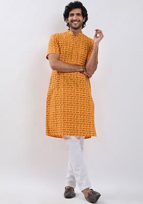 Mustard Printed Cotton Kurta Set For Men