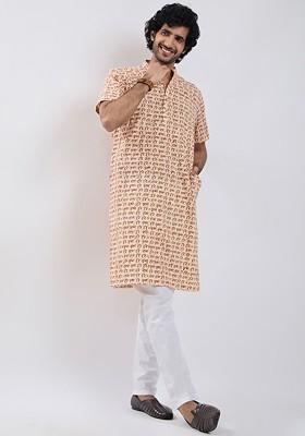 Cream Printed Cotton Kurta Set For Men