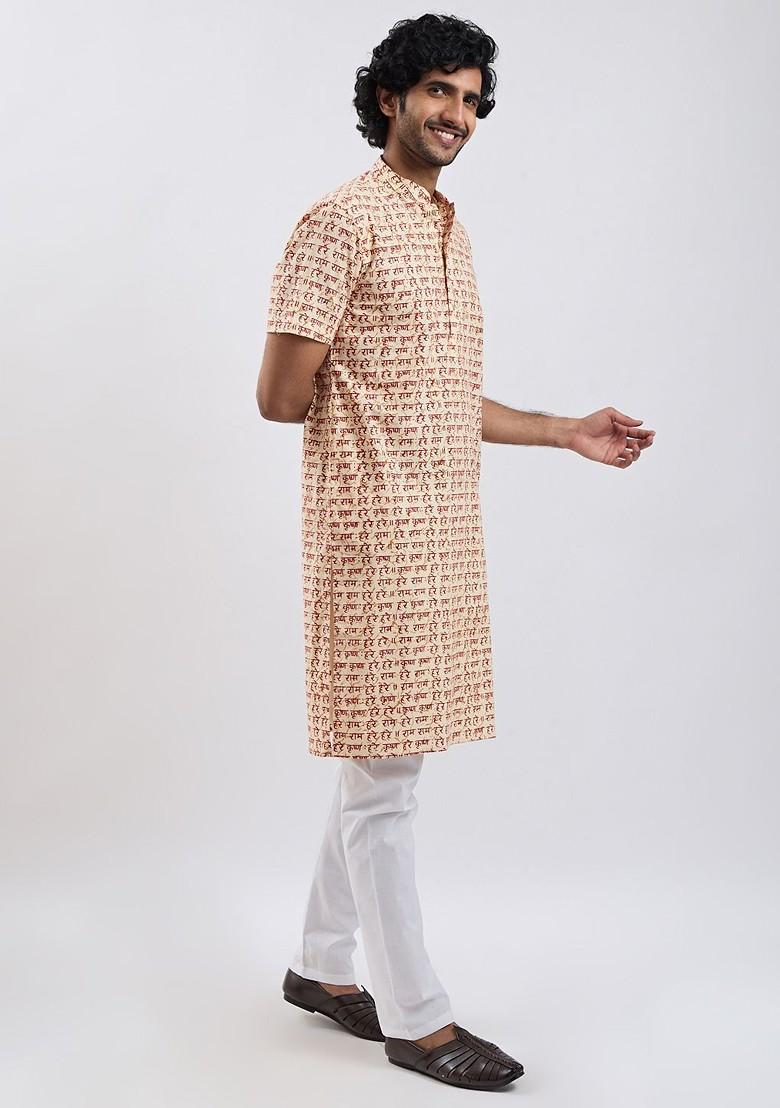 Cream Printed Cotton Kurta Set For Men
