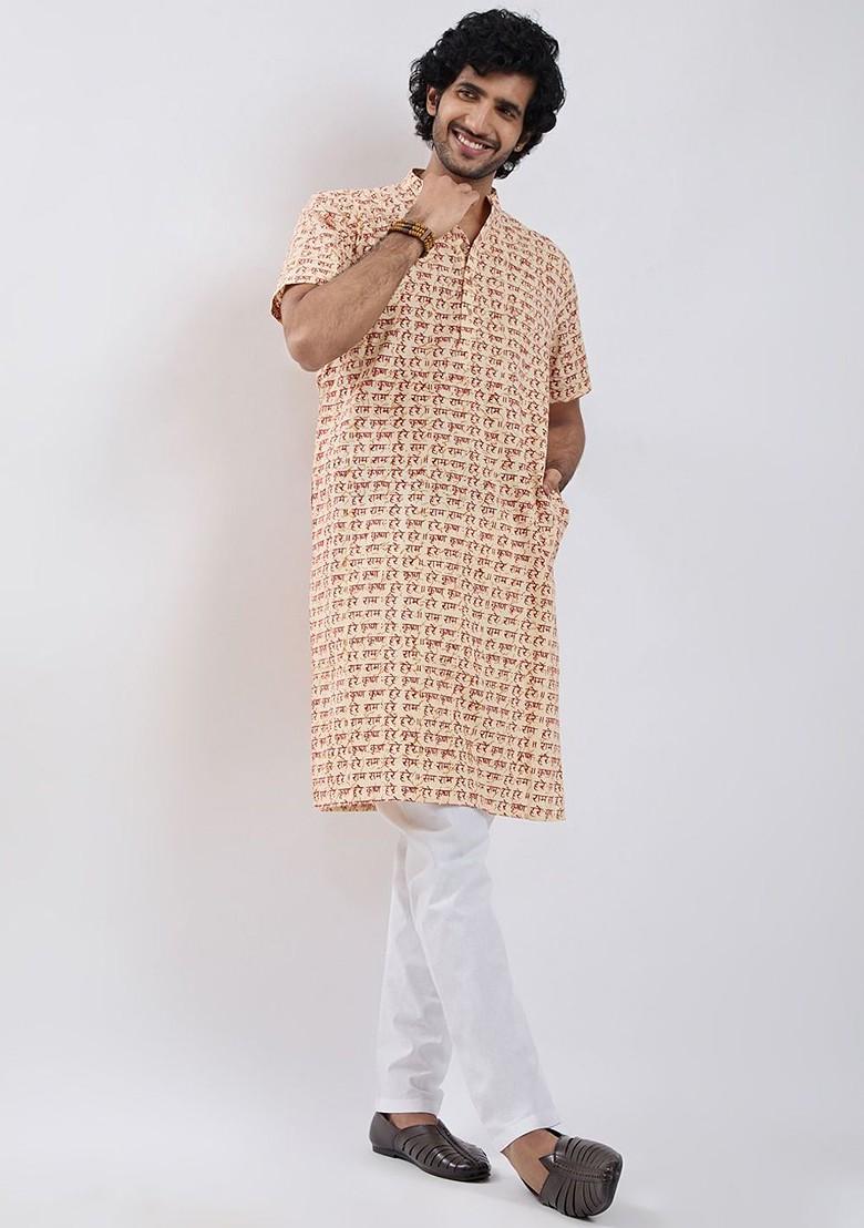 Cream Printed Cotton Kurta Set For Men