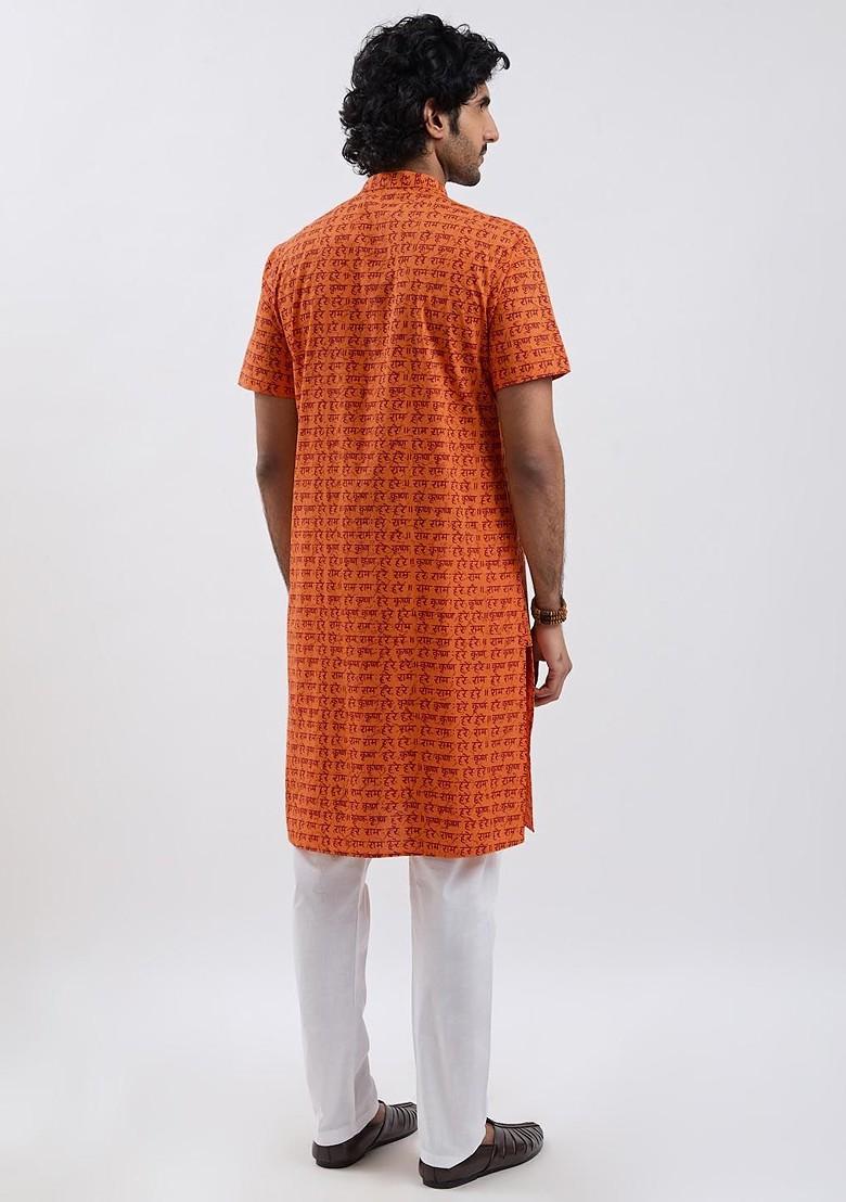 Orange Printed Cotton Kurta Set For Men