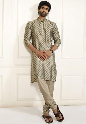 Camel Brown Ethnic Motifs Poly Blend Kurta Set For Men