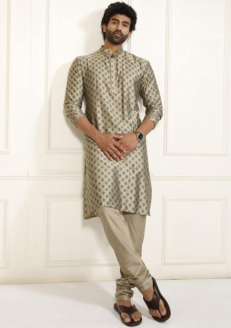 Camel Brown Ethnic Motifs Poly Blend Kurta Set For Men