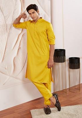 Yellow Solid Poly Blend Kurta Set For Men