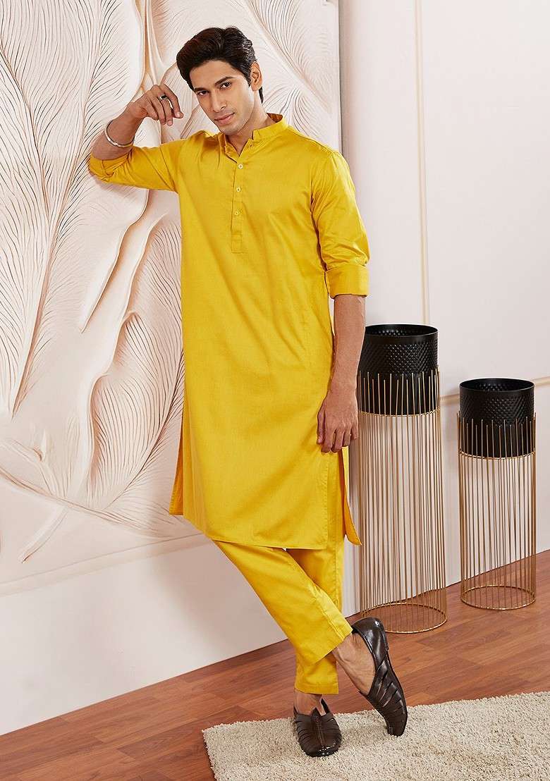 Yellow Solid Poly Blend Kurta Set For Men - Indya