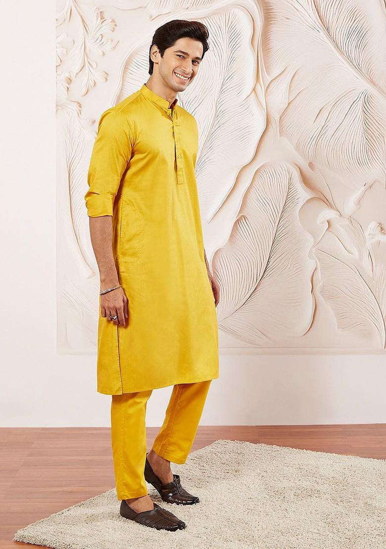 Yellow Solid Poly Blend Kurta Set For Men