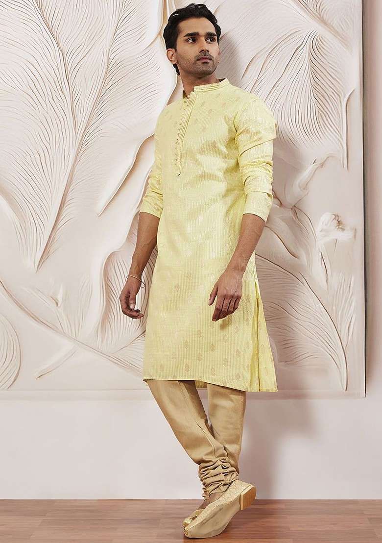 Green Ethnic Motifs Poly Blend Kurta Set For Men - Indya