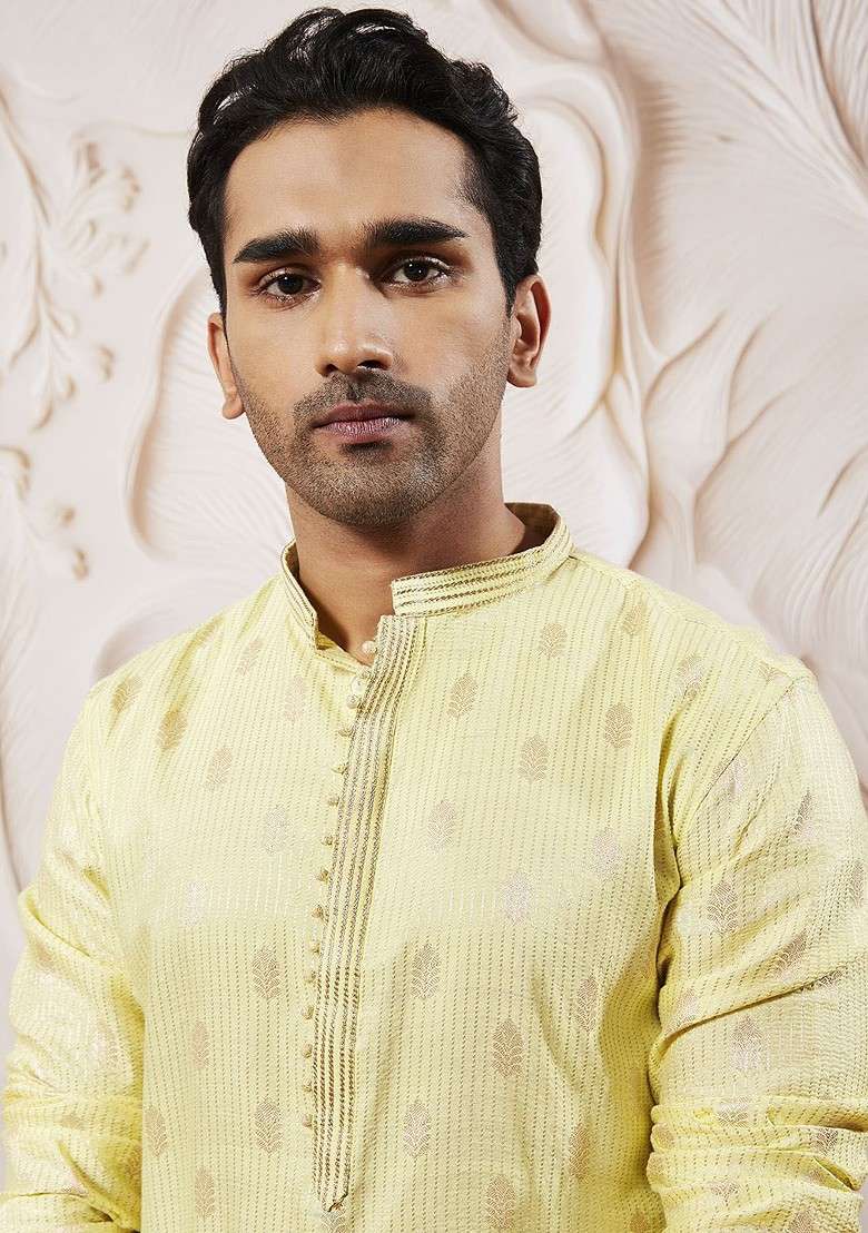 Green Ethnic Motifs Poly Blend Kurta Set For Men - Indya