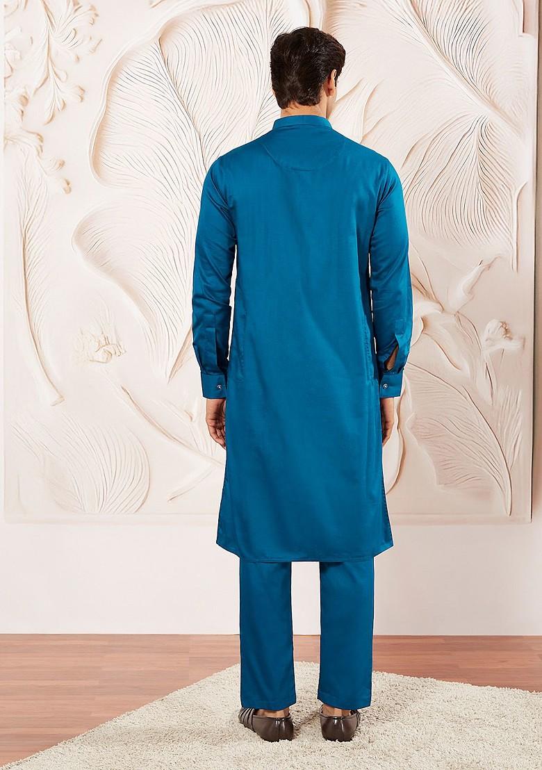 Blue Solid Poly Blend Kurta Set For Men