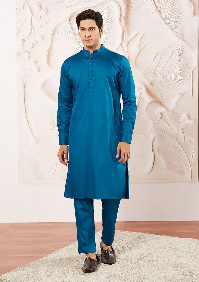 Blue Solid Poly Blend Kurta Set For Men