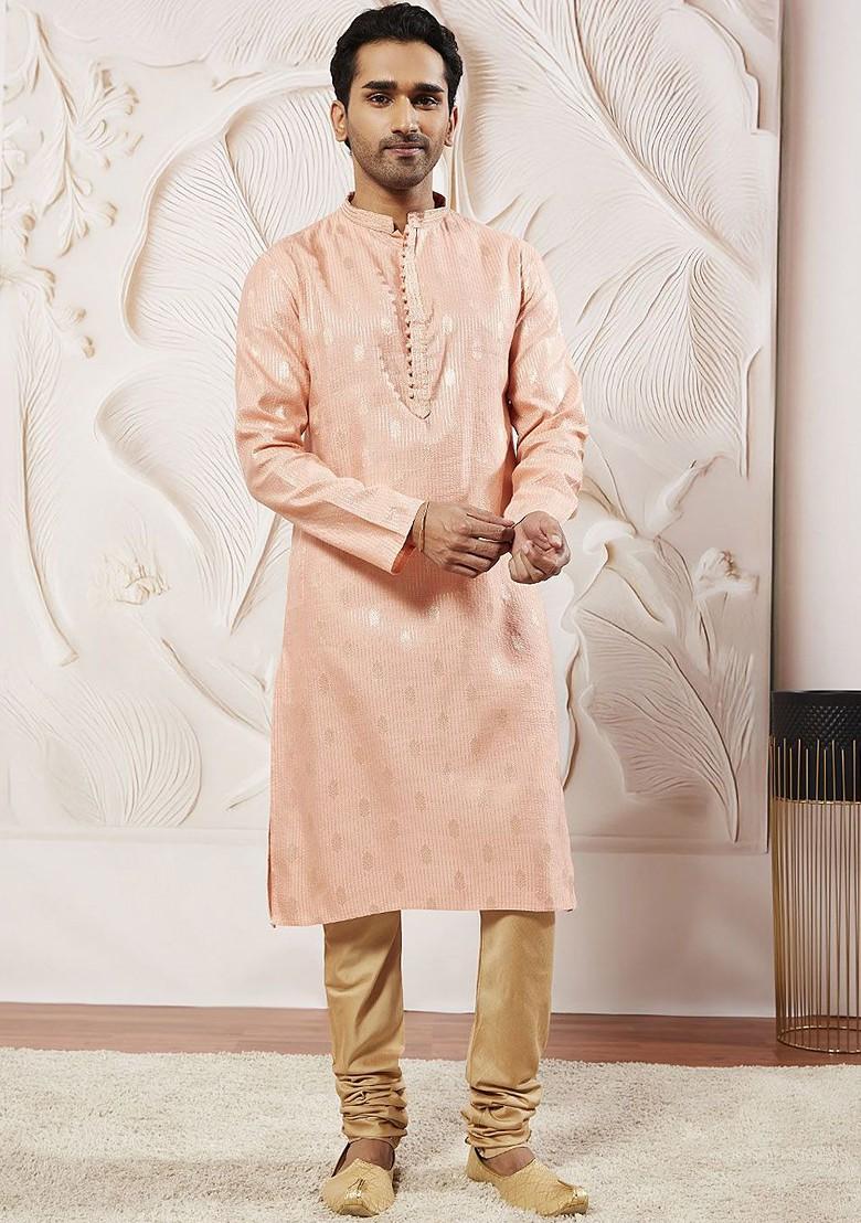 Pink Ethnic Motifs Poly Blend Kurta Set For Men