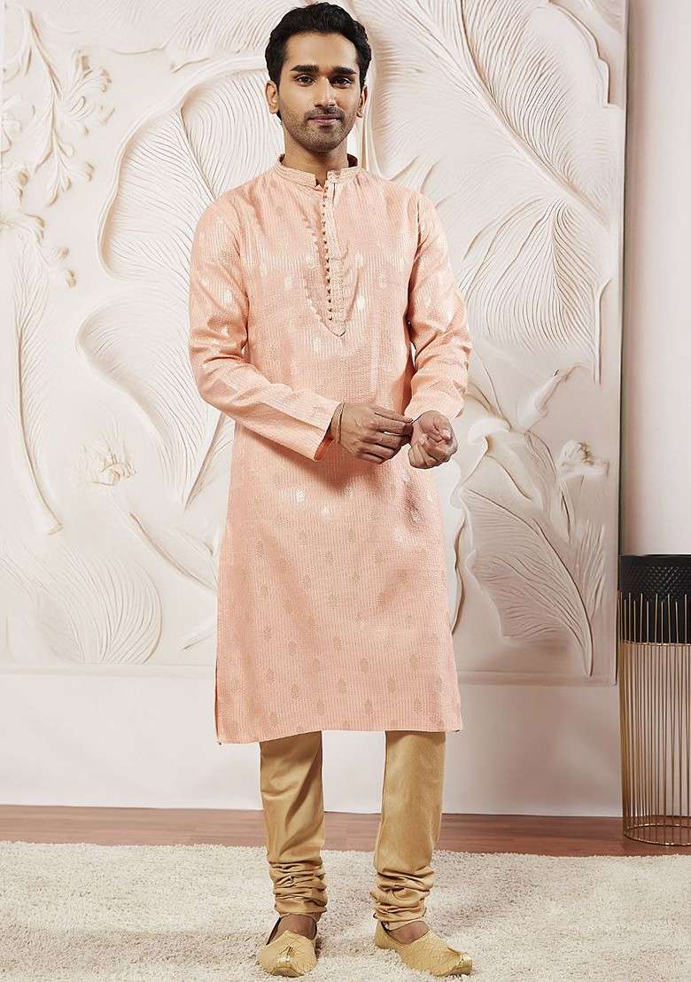 Pink Ethnic Motifs Poly Blend Kurta Set For Men - Indya