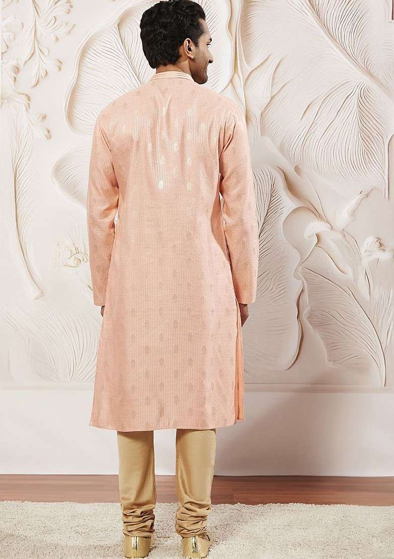 Pink Ethnic Motifs Poly Blend Kurta Set For Men - Indya