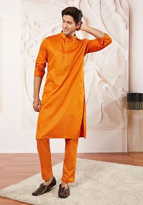 Orange Solid Poly Blend Kurta Set For Men