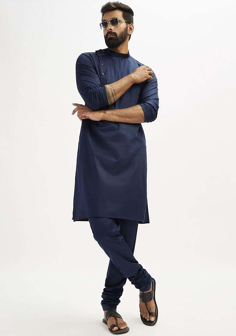 Navy Blue Solid Poly Blend Kurta Set For Men - Indya