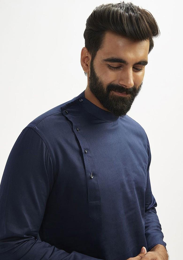 Navy Blue Solid Poly Blend Kurta Set For Men