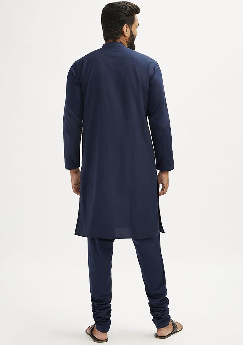 Navy Blue Solid Poly Blend Kurta Set For Men