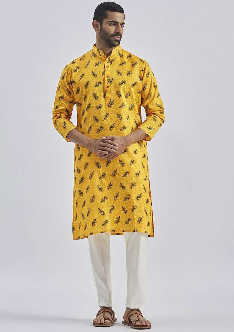Yellow Ethnic Motifs Poly Blend Kurta Set For Men - Indya