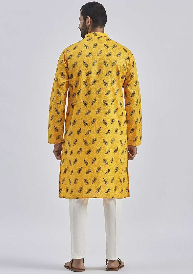 Yellow Ethnic Motifs Poly Blend Kurta Set For Men - Indya