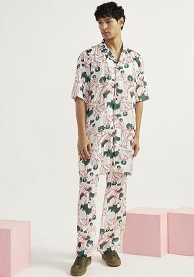 White Abstract Print Poly Blend Kurta Set For Men