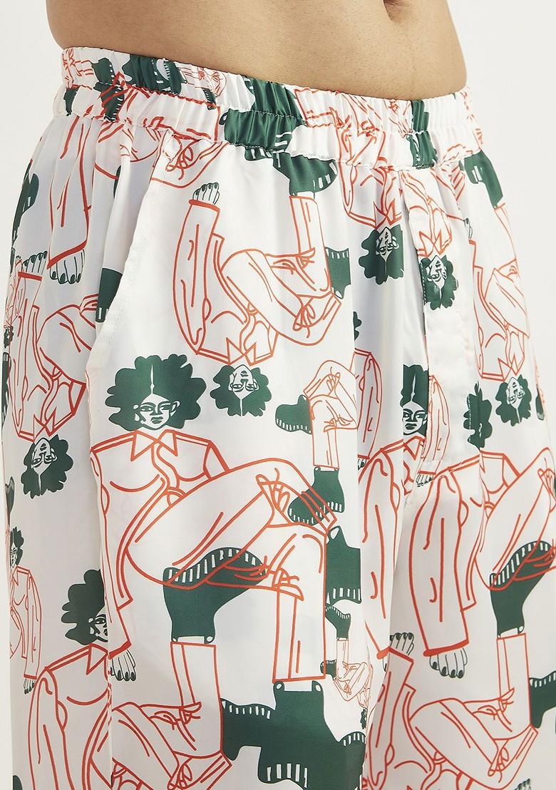 White Abstract Print Poly Blend Kurta Set For Men