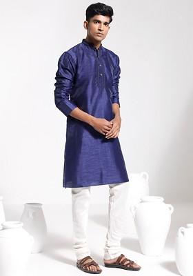 Navy Blue Ethnic Motifs Silk Kurta Set For Men