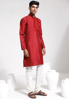 Maroon Floral Print Poly Blend Kurta Set For Men