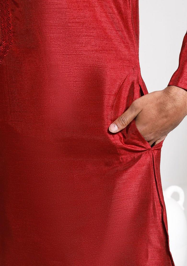 Maroon Floral Print Poly Blend Kurta Set For Men