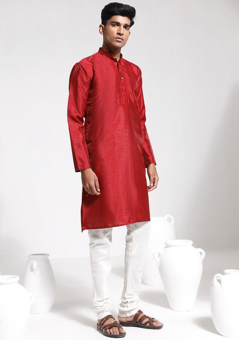 Maroon Floral Print Poly Blend Kurta Set For Men