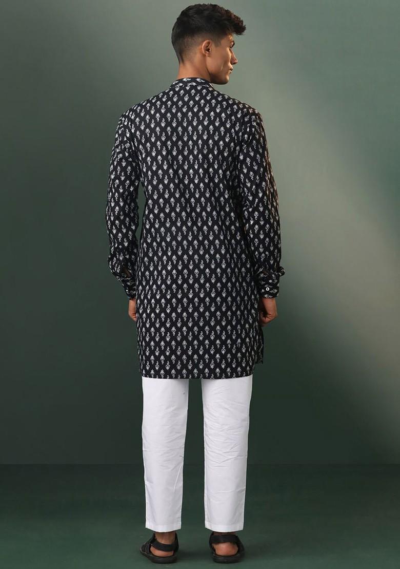 Black Floral Print Cotton Kurta Set For Men