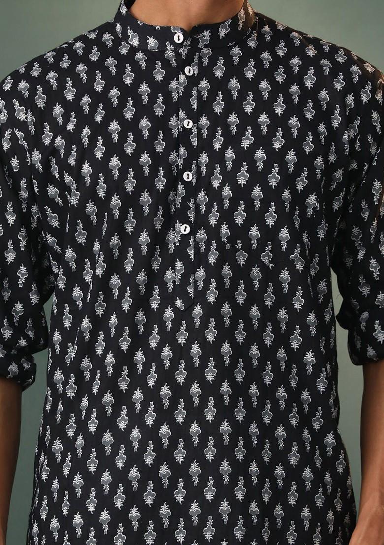 Black Floral Print Cotton Kurta Set For Men