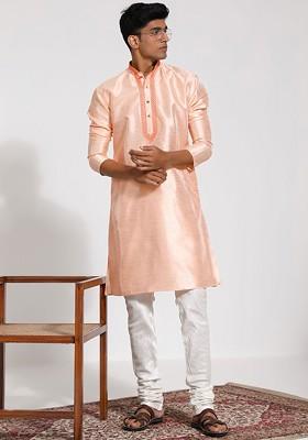 Peach Floral Print Silk Kurta Set For Men