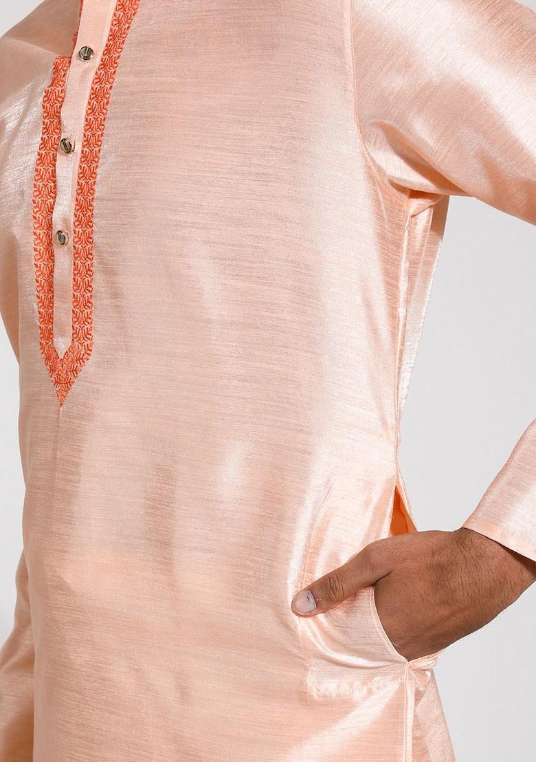 Peach Floral Print Silk Kurta Set For Men