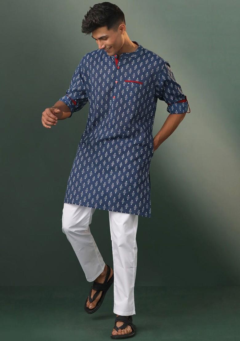 Navy Blue Ethnic Motifs Poly Blend Kurta Set For Men