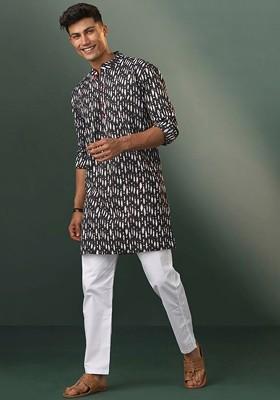 Black Geometric Print Poly Blend Kurta Set For Men