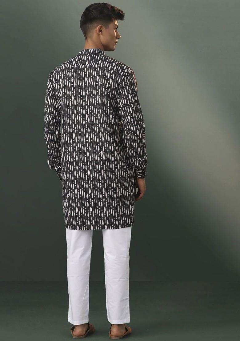 Black Geometric Print Poly Blend Kurta Set For Men