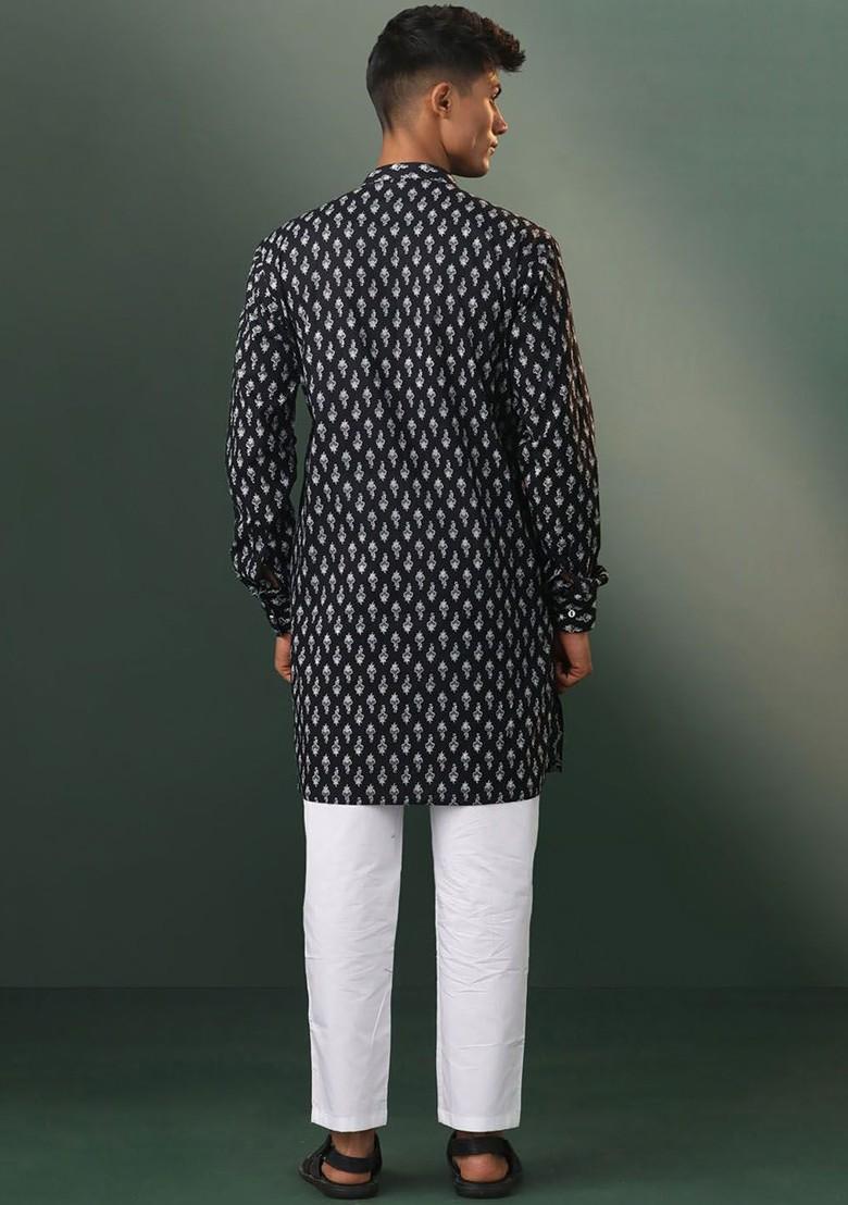Black Ethnic Motifs Cotton Kurta Set For Men