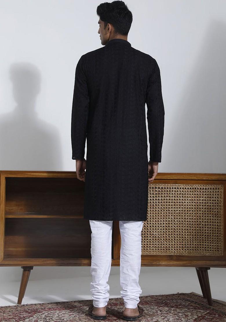 Black Embroidered Cotton Kurta Set For Men