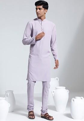 Purple Solid Poly Blend Kurta Set For Men
