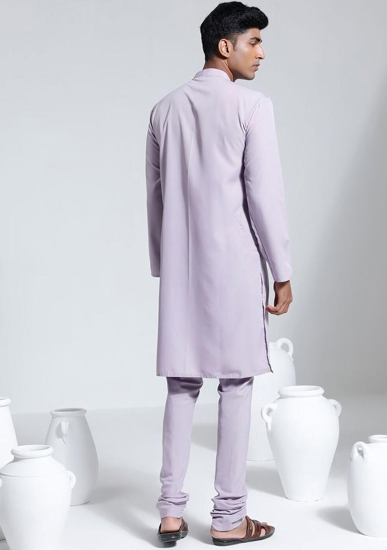 Purple Solid Poly Blend Kurta Set For Men