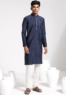 Navy Blue Ethnic Motifs Poly Blend Kurta Set For Men