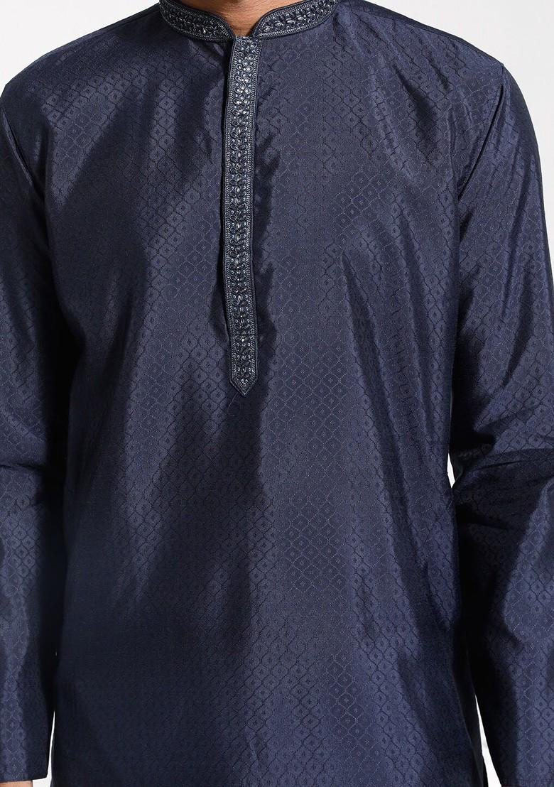 Navy Blue Ethnic Motifs Poly Blend Kurta Set For Men