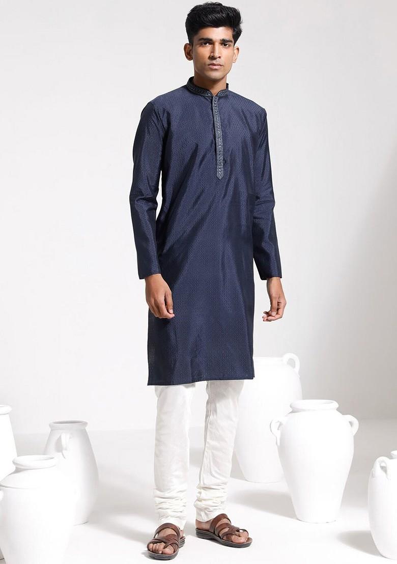 Navy Blue Ethnic Motifs Poly Blend Kurta Set For Men